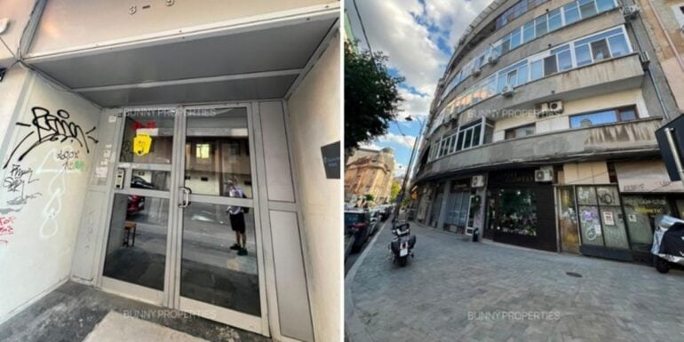cladirea si intrarea in cladirea in care gasim cea mai mica garsoniera de vanzare din romania